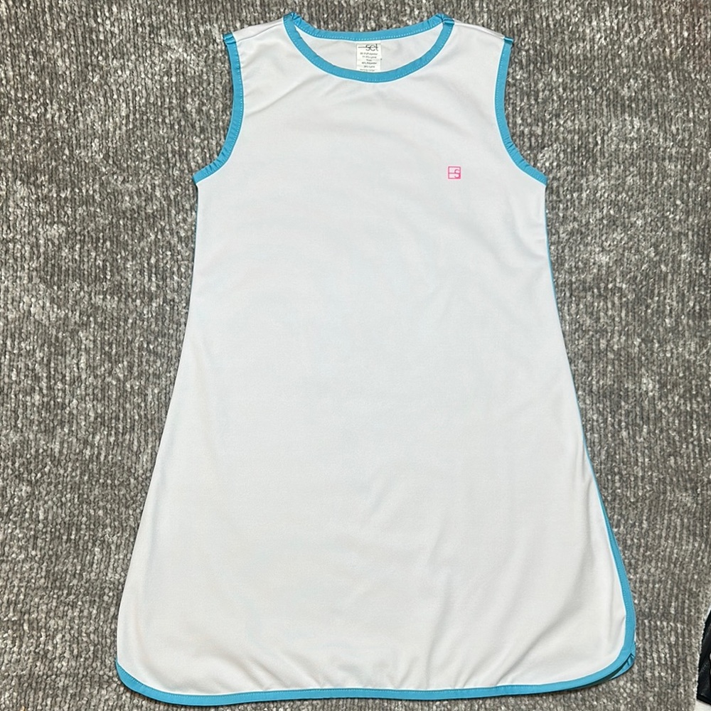 EUC Set Athletics girls White Sleeveless tennis Dress with Blue Trim size 12